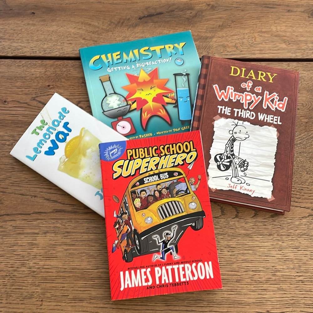 Book lot: Chemistry, Lemonade War, public School Superhero, Diary of a Wimpy Kid